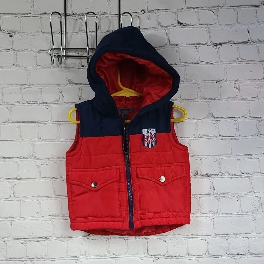 DKNY Red & Blue Winter Vest Hoodie Puffer Jacket Boys 12M Sleeveless Coat Baby